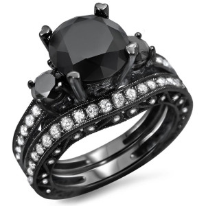 Yaffie Custom-Made Black and White Diamond Bridal Set: Black Gold, 4.4ct Total Diamond Weight in 3-Stone Style!