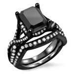 Yaffie ™ Custom Black Rhodium Gold Bridal Set with 2.6ct Black Emerald-cut Diamond