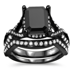 Yaffie ™ Custom Black Rhodium Gold Bridal Set with 2.6ct Black Emerald-cut Diamond