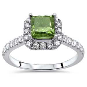 Green Princess Cut Diamond Ring with 1 1/4ct TDW, crafted in Yaffie White Gold for an enchanting engagement.
