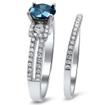 Blue and White Round Diamond Bridal Set with 1 2/5ct TDW, crafted in Yaffie White Gold for your engagement.