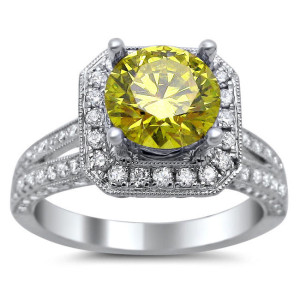 Square Engagement Ring with Round Canary Yellow and White Diamonds totaling 1 3/4ct in White Gold by Yaffie