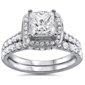 Yaffie Bridal Set with Princess-cut Diamonds and Enhanced Clarity, in White Gold, 1 3/5ct TDW.