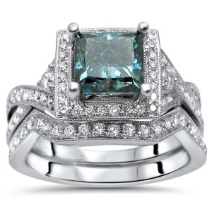 Breathtaking Blue Princess Diamond Engagement Ring Set with Yaffie White Gold, 1.9ct Total Diamond Weight.