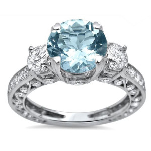 Aquamarine and Diamond 3 Stone Engagement Ring in 18ct White Gold by Yaffie, with 2 1/2ct TGW Round-cut Stones.