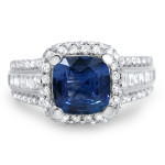Blue Sapphire Diamond Engagement Ring with White Gold, 2 1/4 Carat TGW and Cushion Cut by Yaffie