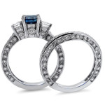 Bridal Set with Blue and White Round Diamonds, 2 1/4 ct, in Yaffie White Gold Engagement Ring