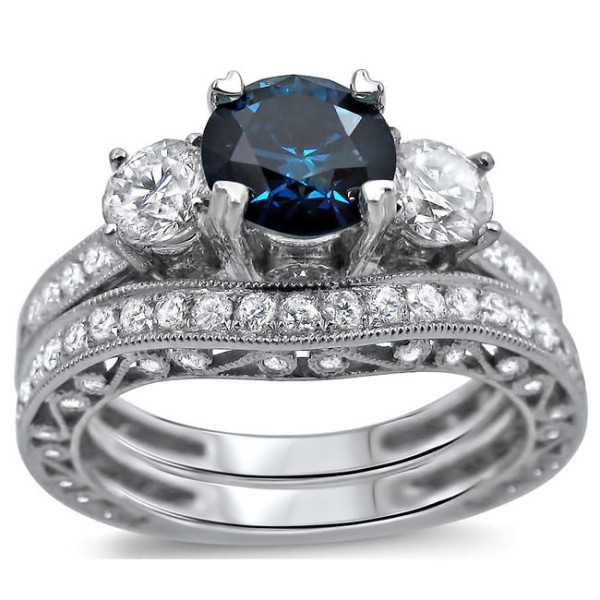 Bridal Set with Blue and White Round Diamonds, 2 1/4 ct, in Yaffie White Gold Engagement Ring