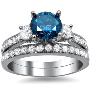 Blue and White Diamond Engagement Bridal Ring Set - Yaffie White Gold Wonder with 2.16ct Shine