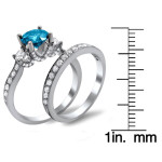 Blue and White Round Diamond Bridal Ring Set in Yaffie White Gold - 2 2/5ct