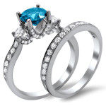 Blue and White Round Diamond Bridal Ring Set in Yaffie White Gold - 2 2/5ct