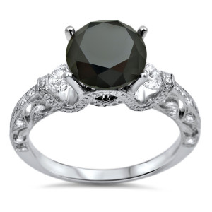 Yaffie™ Custom Black 3-stone Round Diamond Ring - White Gold with 2 3/8ct TDW