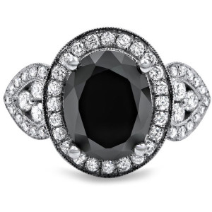 Yaffie Custom White Gold Ring: Oval-Cut 2 7/8ct Black and White Diamonds with Vintage Halo Design.