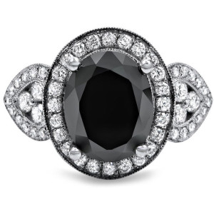 Yaffie ™ Vintage Style Ring with Oval-cut 2 7/8ct Black and White Diamonds in White Gold Halo Design - Made to Order