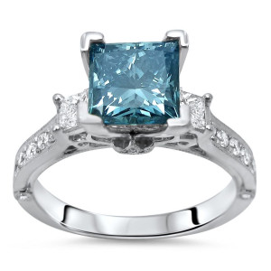 Blue Princess Cut Diamond Engagement Ring with 2 ct TDW, crafted from Yaffie White Gold