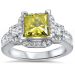 White Gold Princess Cut 2ct Canary Yellow Diamond Ring by Yaffie