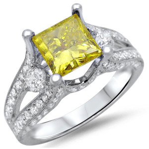 Sparkling Yaffie Canary Yellow Princess-cut Diamond Ring in White Gold with 2ct TDW