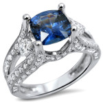 Sapphire Diamond Engagement Ring with 2ct TGW Cushion Cut Stone in White Gold by Yaffie, featuring a 3-stone design.