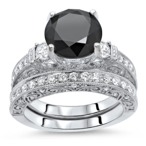 Yaffie ™ Vintage Style Bridal Ring Set - White Gold with 3 3/5ct of Sleek Black and White Diamonds, Expertly Custom Made.
