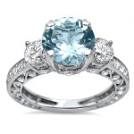 Aquamarine Diamond Bridal Set with 3 Stone White Gold Ring - 3 ct TGW