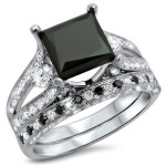 Yaffie ™ Custom Elegant Black Princess-cut Diamond Engagement and Bridal Ring Set in White Gold with 4 1/10ct.