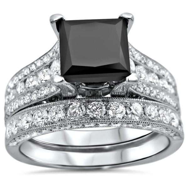 Yaffie™ Custom White Gold Bridal Ring Set with a 4 2/5ct Princess-cut Black Diamond