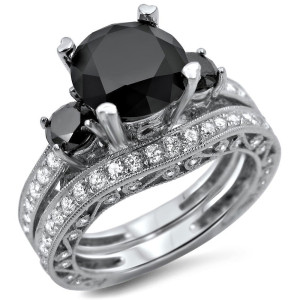 Yaffie™ Black and White 3-Stone Diamond Bridal Ring Set with 4 2/5ct TDW White Gold Brilliance