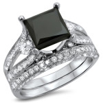 Yaffie ™ Custom White Gold Bridal Ring Set with 4ct Princess-Cut Black Diamonds