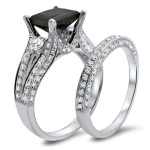 Yaffie ™ Custom White Gold Bridal Ring Set with 4ct Princess-Cut Black Diamonds