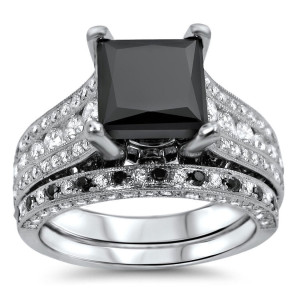 Yaffie ™ Custom Black and White Diamond Engagement Ring Set - 4ct TDW in White Gold