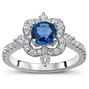 Blue Sapphire and 1/2ct TDW Diamond Engagement Ring in Yaffie White Gold