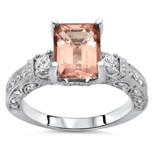 White Gold Emerald Morganite Diamond 3-Stone Engagement Ring with 2 1/2ct of Yaffie Finest Gems
