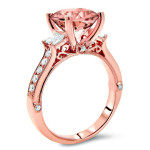 Rose Gold Engagement Ring with 3 Round Morganite Stones and 2 1/2 TGW Diamonds by Yaffie