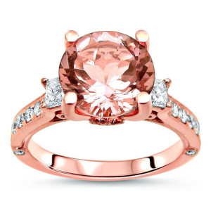 2 1/2 TGW Round Morganite 3 Stone Diamond Engagement Ring Rose Gold - Custom Made By Yaffie™