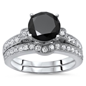 Custom Made By Yaffie ™ 2.5ct Black Round Diamond Bridal Set In White Gold Engagement Ring