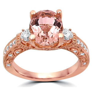 Rose Gold 3 Stone Diamond and Oval Morganite Engagement Ring - Yaffie 2 1/6 TGW