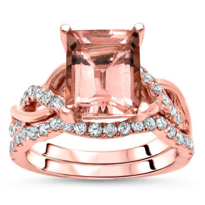 Rose Gold Morganite and Diamond Engagement Ring Set with Stunning 2 2/5 TGW Emerald Stone by Yaffie 2