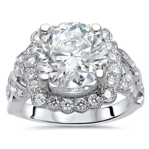 White Gold Moissanite Diamond Engagement Ring with a 3 1/4 Carat TGW Round Gem by Yaffie.