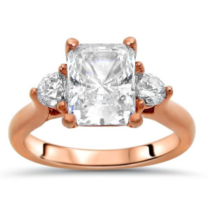 Radiant Rose Gold Moissanite 3-Stone Engagement Ring with 2k TGW Diamonds from Yaffie Collection.