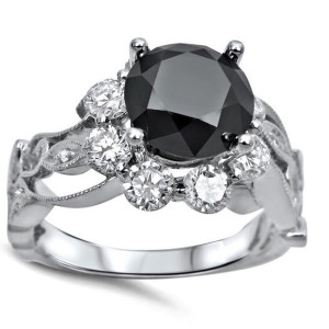 Yaffie ™ Custom Stunning Black Diamond Floral Engagement Ring - Collection White Gold, 2 3/5ct TDW.