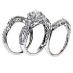 Platinum Yaffie Bridal Set with Braided Mount, Halo Diamonds, and 2 Matching Bands totaling 2 3/4 carats TDW.