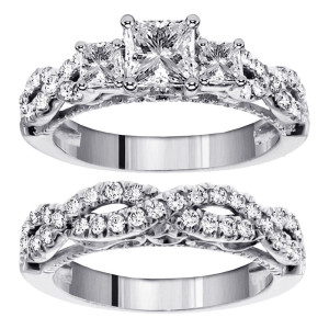 Platinum Princess Cut 3-Stone Diamond Bridal Ring Set with 2ct TDW in Artful Braided Setting by Yaffie.