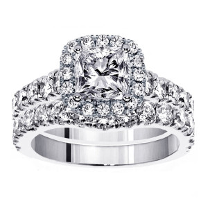 Platinum Bridal Ring Set with Enchanting 3 1/3ct TDW Diamond Halo by Yaffie
