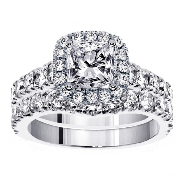 Platinum Bridal Ring Set with Enchanting 3 1/3ct TDW Diamond Halo by Yaffie