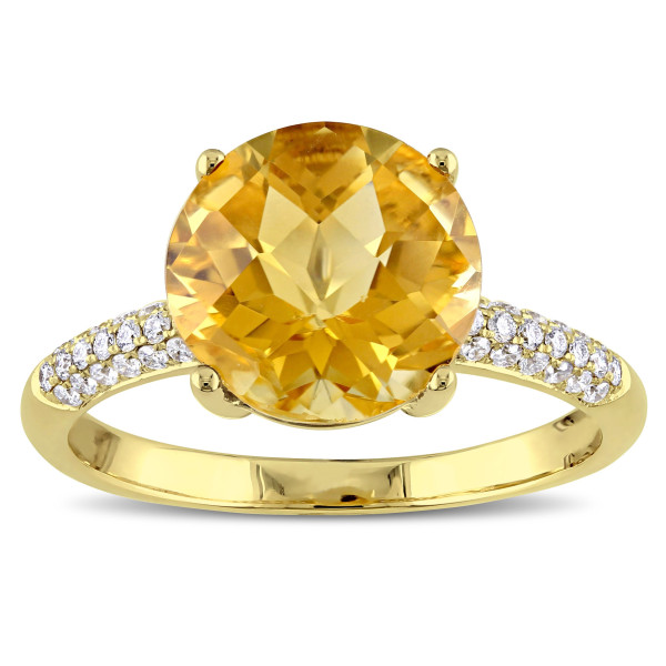 Gold Signature Collection Round Citrine and Diamond Engagement Ring with Checkered Detailing and 0.20ct Total Diamond Weight