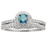 IGL Certified Blue Diamond Halo Bridal Set with Yaffie White Gold 1ct TDW
