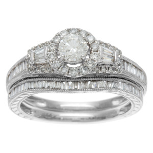 IGL Certified Mixed Cut Baguette Diamond Bridal Ring Set with 1ct TDW embraced in Yaffie White Gold.