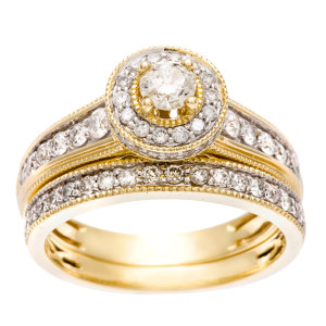 IGL Certified Diamond Halo Bridal Set with Yaffie Gold and 1 Carat TDW