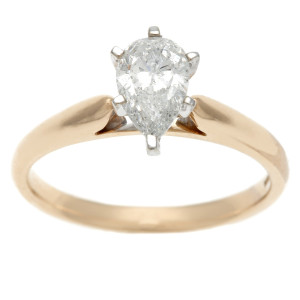 IGL Certified Yaffie Gold 1ct TDW Pear Cut Diamond Solitaire Ring
