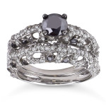 Yaffie™ Custom 2ct TDW Sterling Silver Diamond Bridal Ring Set, Interspersed with Black and White Sparkles